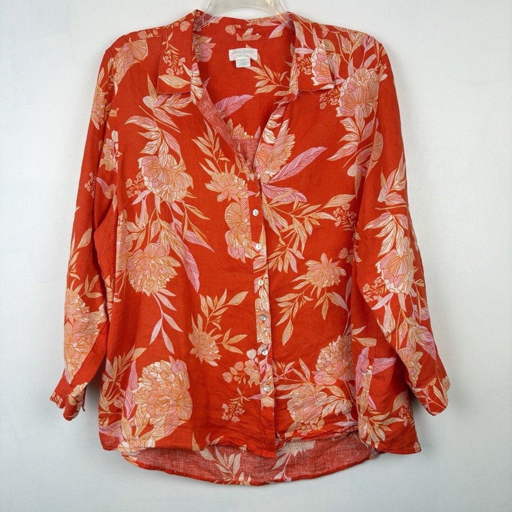 Cynthia Rowley Shirt Womens 3X Orange 100% Linen Button Floral Tropical Cruise